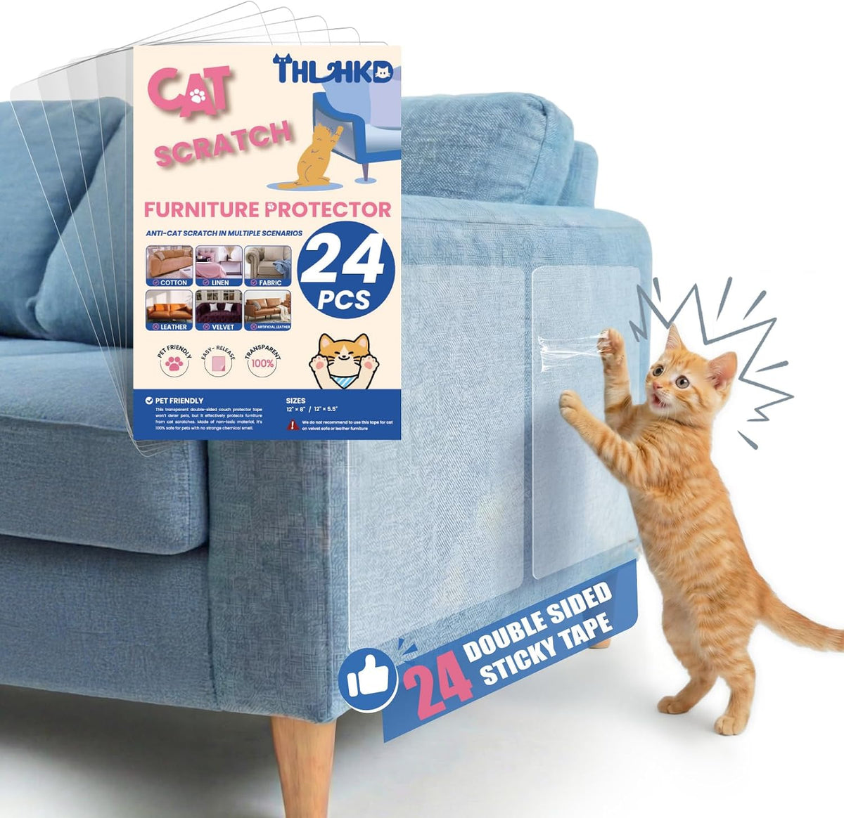 24PCS Cat Scratch Furniture Protector, Double Sided Couch Protectors Tape from Cats Claws Scratching, Clear Sticky Sheets Proof Clawing Sofa Corner Protection Cover anti Scratch for Furniture